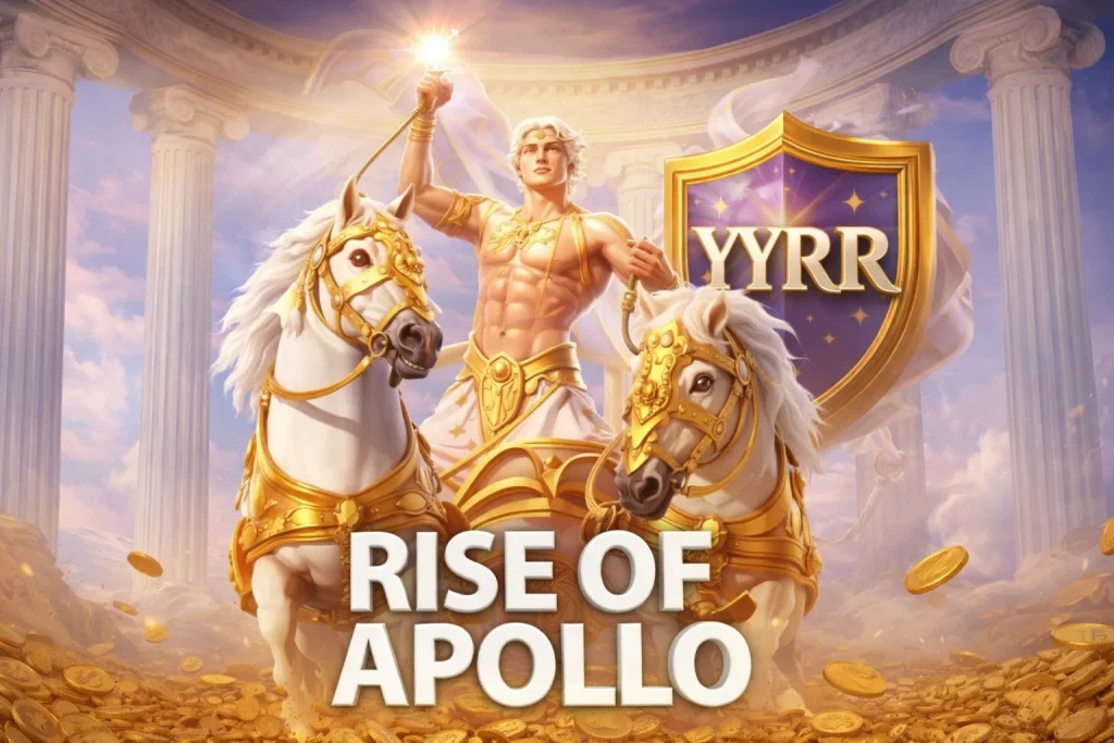Tampilan karakter Apollo dengan cahaya emas dalam permainan RISE OF APOLLO di platform YYRR