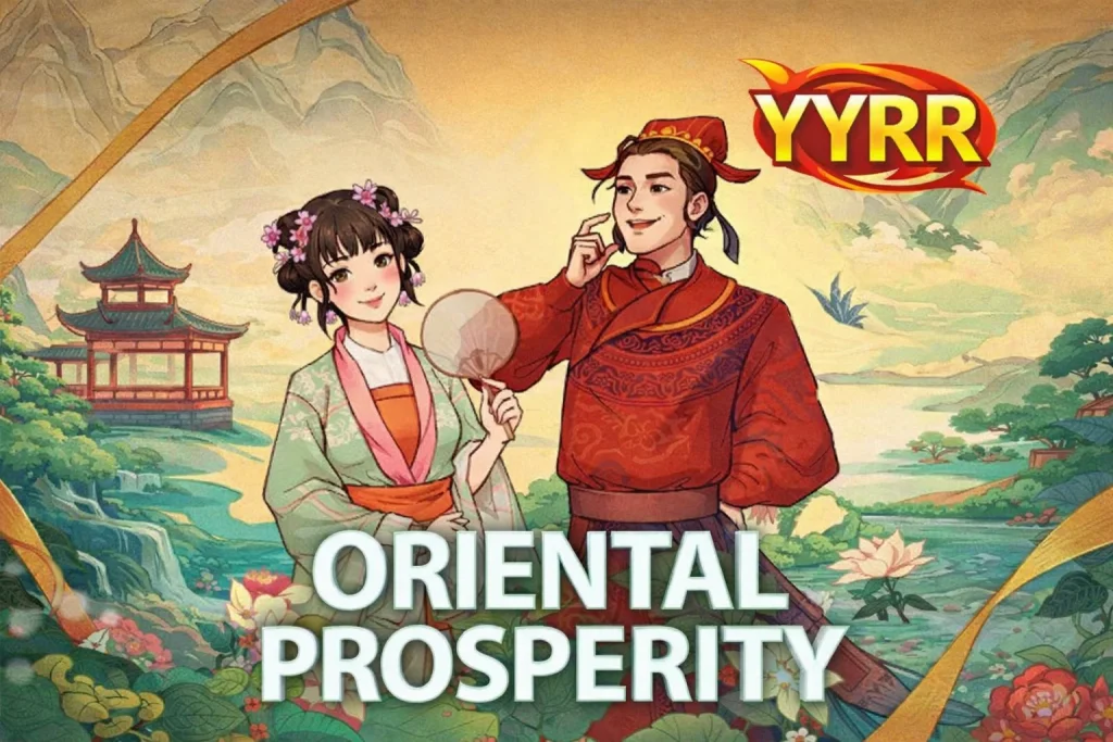 Tampilan permainan ORIENTAL PROSPERITY di platform YYRR dengan desain oriental bernuansa emas dan merah yang elegan