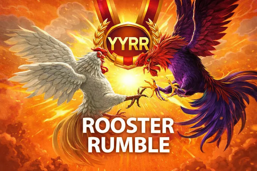 Tampilan arena ROOSTER RUMBLE di platform YYRR dengan grafis ayam jago dan efek animasi kompetitif yang stabil di perangkat mobile
