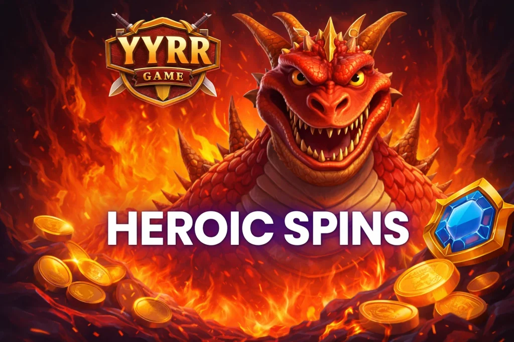 Tampilan permainan HEROIC SPINS di platform YYRR dengan tema pahlawan dan visual dramatis yang dinamis
